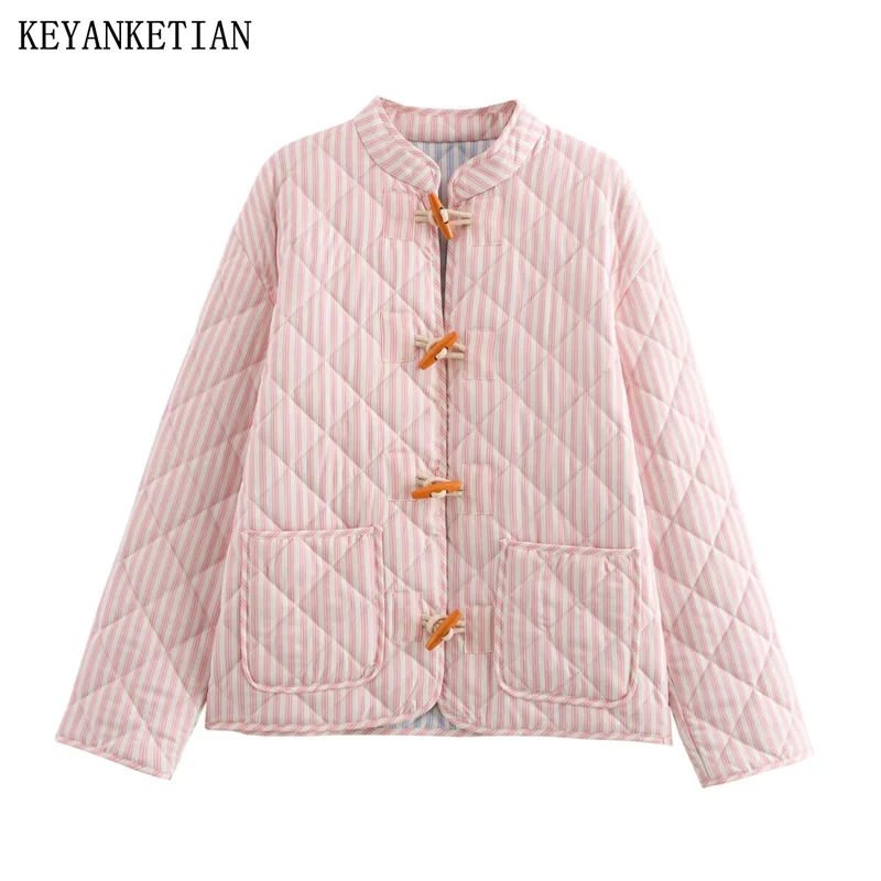 

KEYANKETIAN 2024 New Women's Striped Argyle Quilted Outwear Jacket Autumn/Winter Horn fastener Decoration Double Pockets Coat