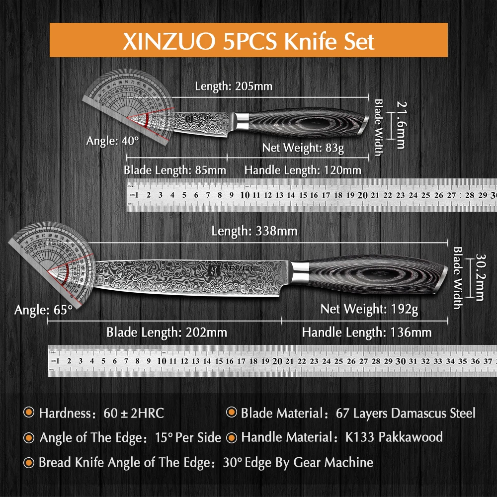 XINZUO 5 Pcs Kitchen Knife Set 67 layers Japanese Damascus Stainless Steel Santoku Cleaver Chef Paring Knives Pakkawood Handle