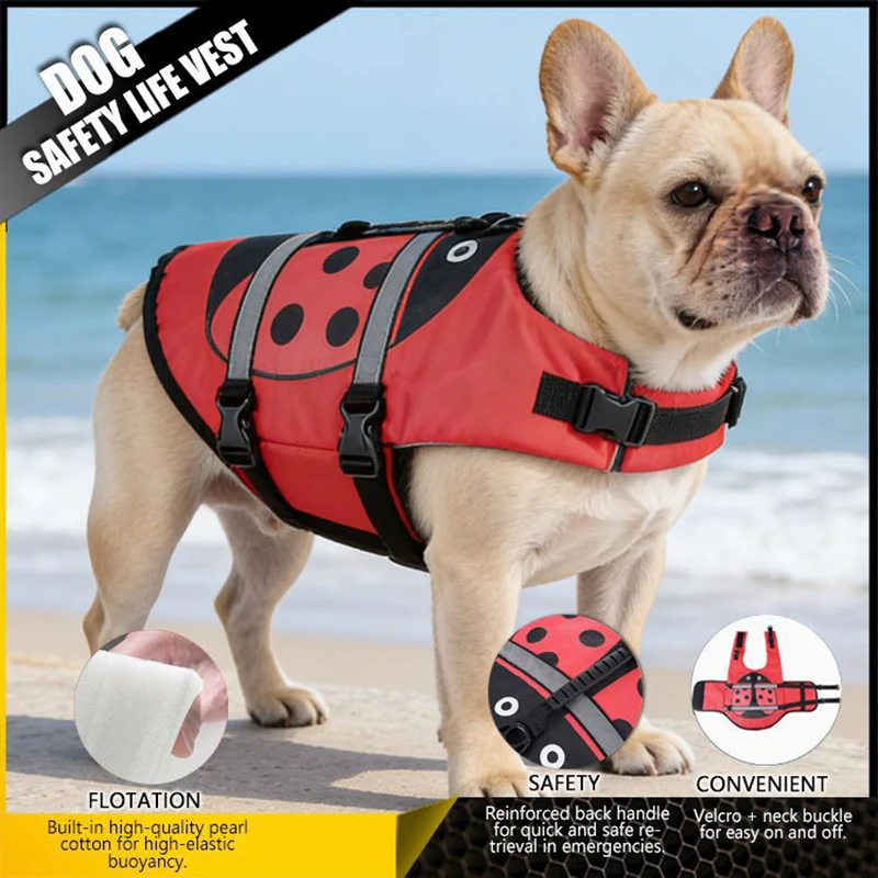 Dog Life Jacket Ladybug High Buoyancy Safety Pet Vest with Rescue Handle Adjustable for Swimming Boating Beach Small Medium Dogs view 2