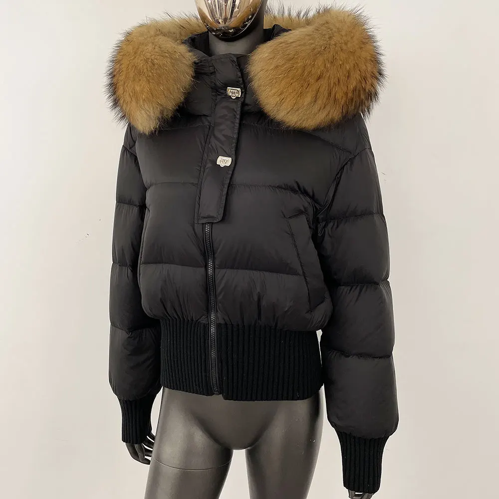

Reality Fur Jacket Women Fashion Hooded White Duck Down Coat Thick Warm Casual Natural Real Raccoon Fox Fur Collar Winter Coat