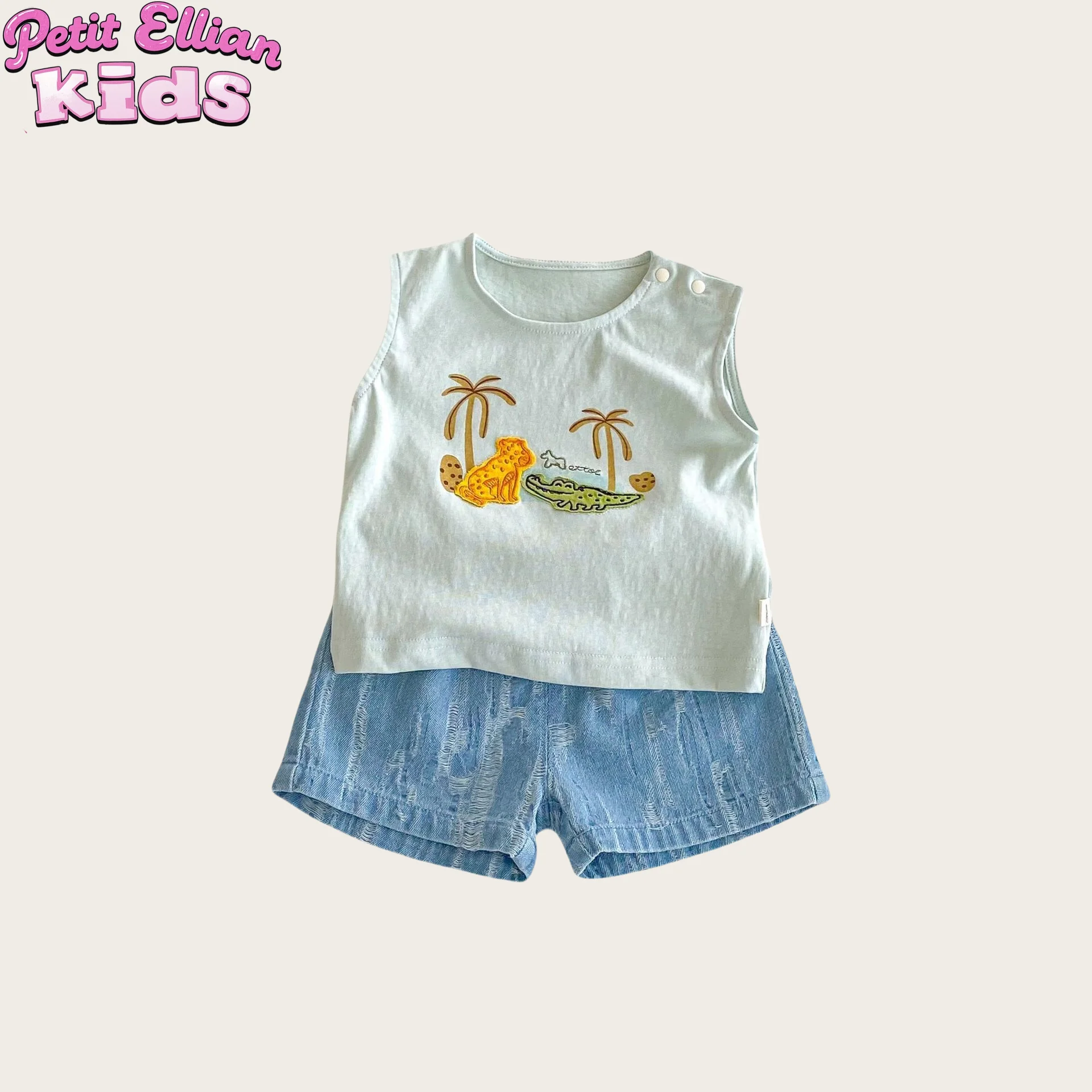

Adorable Kids' Cotton Stylish and Comfy Animal Embroidery Sling and Soft Denim Jacquard Shorts Set Perfect for 0 - 5 Y Child Set