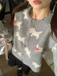 Cardigans Women Dog Print Bow Button-up Loose All-match Sweaters Outwear Knitted Sweet Design Korean Style Soft Ins Temperament