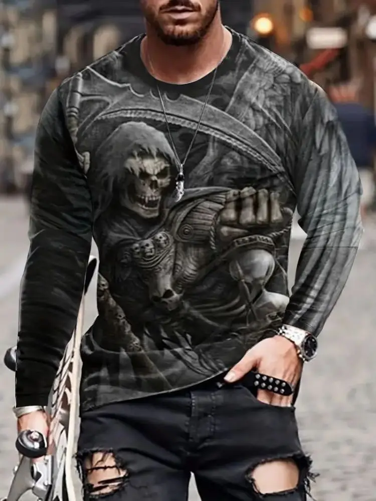 2024 New Autumn men's T-shirt long-sleeved Tops Horror Skull Pattern Clothing Autumn And Winter Large Size men's Street T-shirt