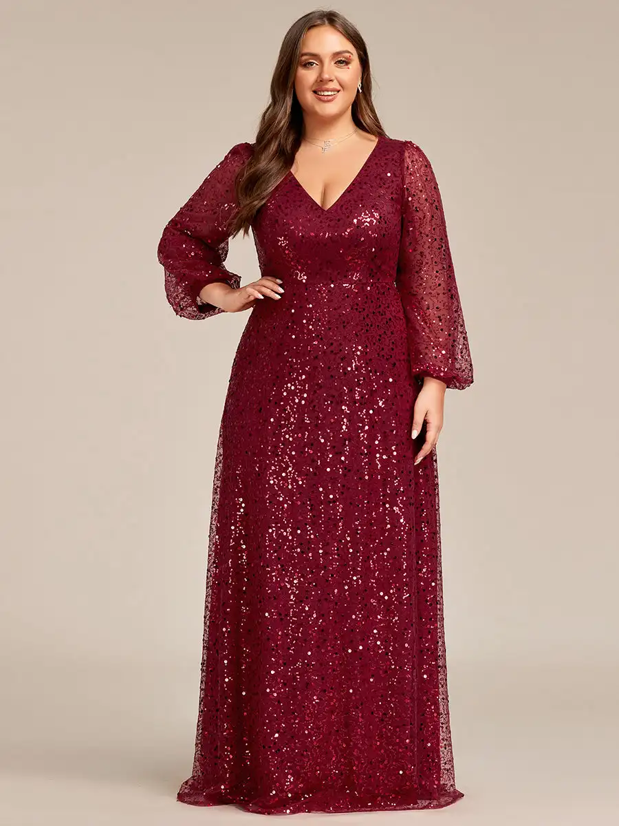 

Plus size Evening dresses V-neck long sleeve Legant waisted Floor-Length 2024 BAZIIINGAAA of Sequin Burgundy Guest dress