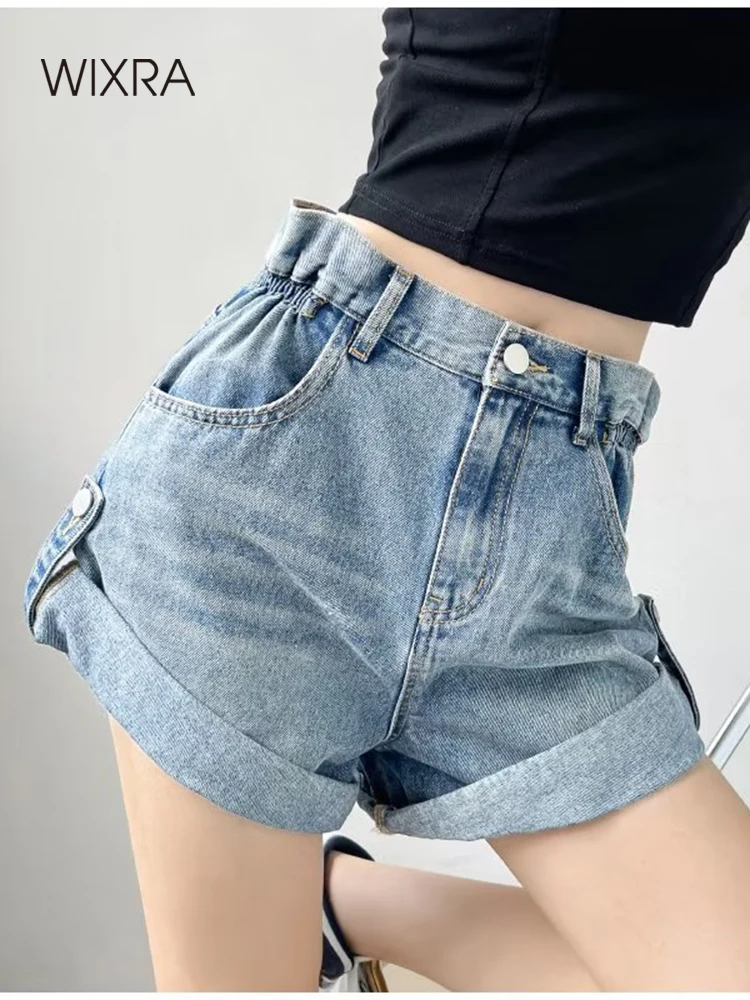 Wixra Women Basic Denim Shorts Candy Color Summer New Trendy Pants High Waist Casual Jeans Bottom