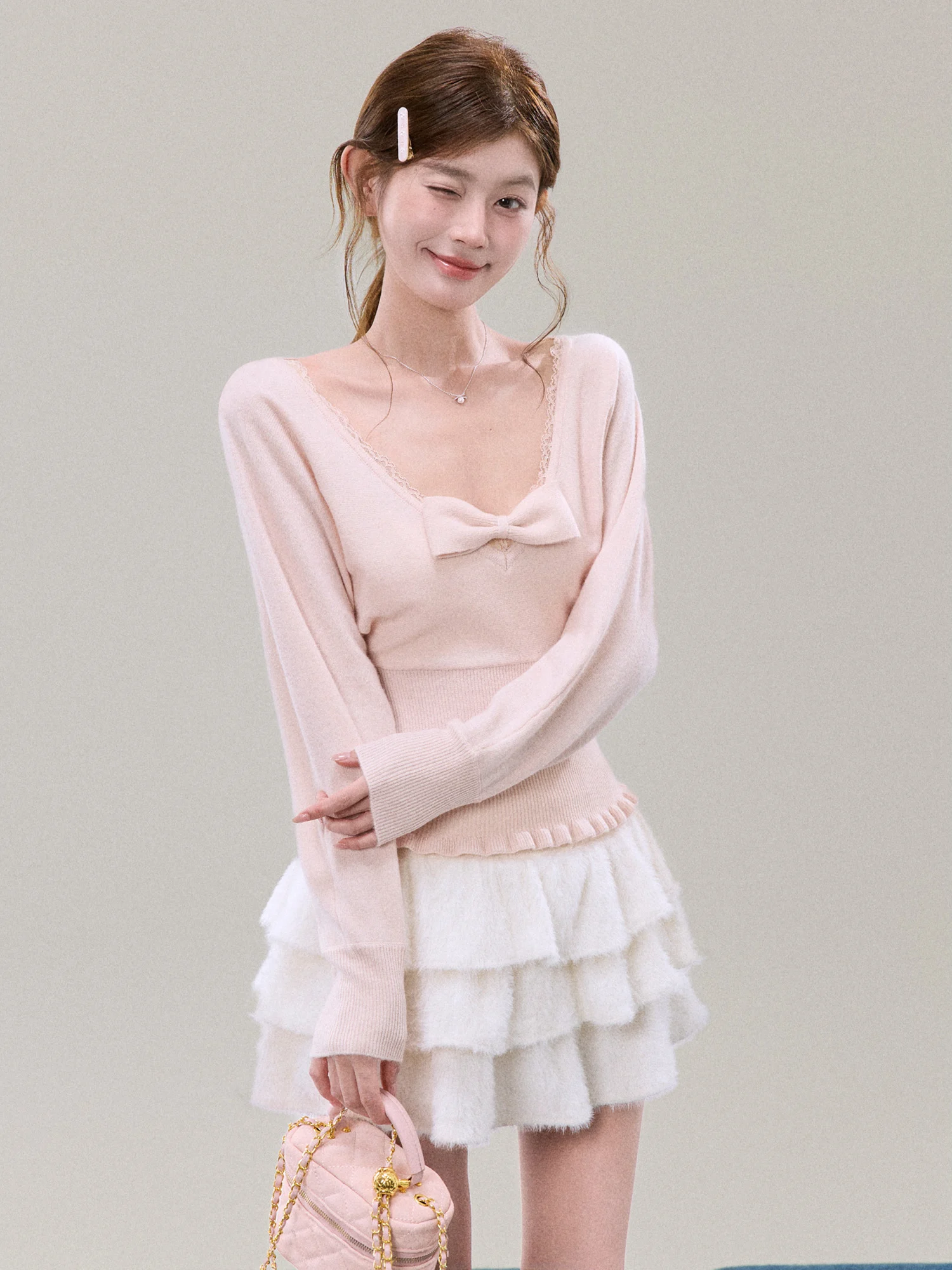 

Swee Knot Lace V-Ne Knitted Sweater Women Winter Waist Cinched Outerwear Fitted Top Casual Sle Soft Fabric Lo...