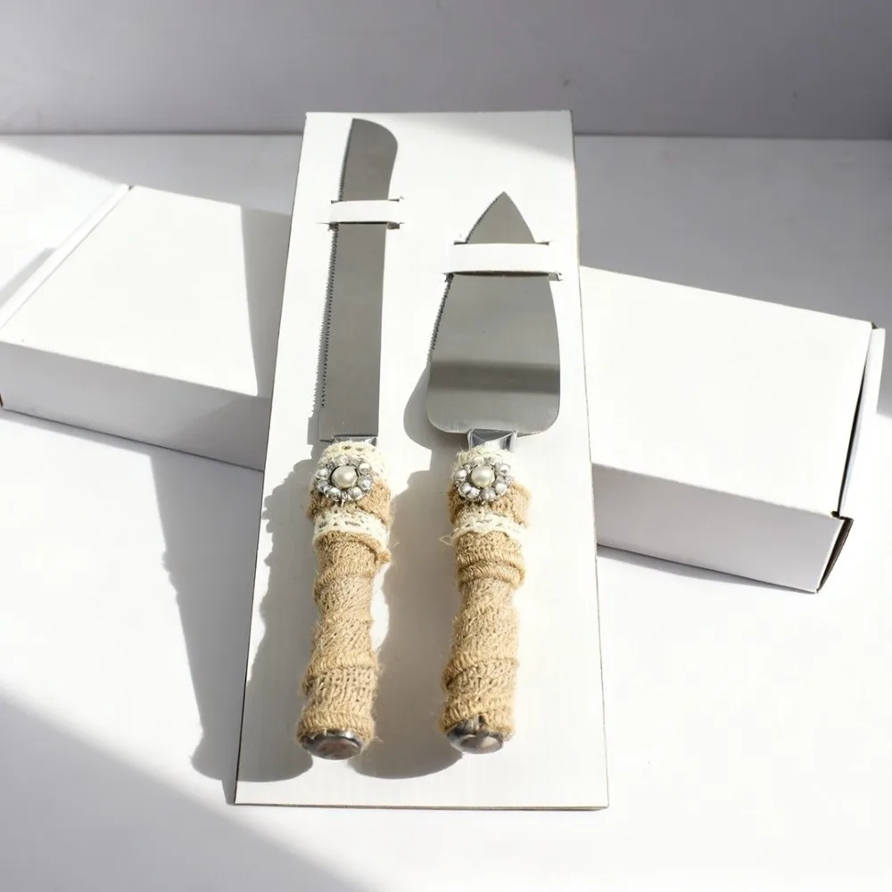 2PCS Stainless Steel Wedding Cake Knife Set Rhinestone Decoration Silver Cake Knife Server Set Western Style Packing Box