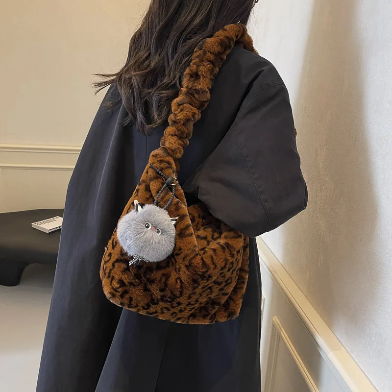 Autumn Winter New Leopard Print Hair Bag Women's 2024 Fashion Large Capacity Shoulder Armpit Bag Zebra Pattern Oblique Span Bag