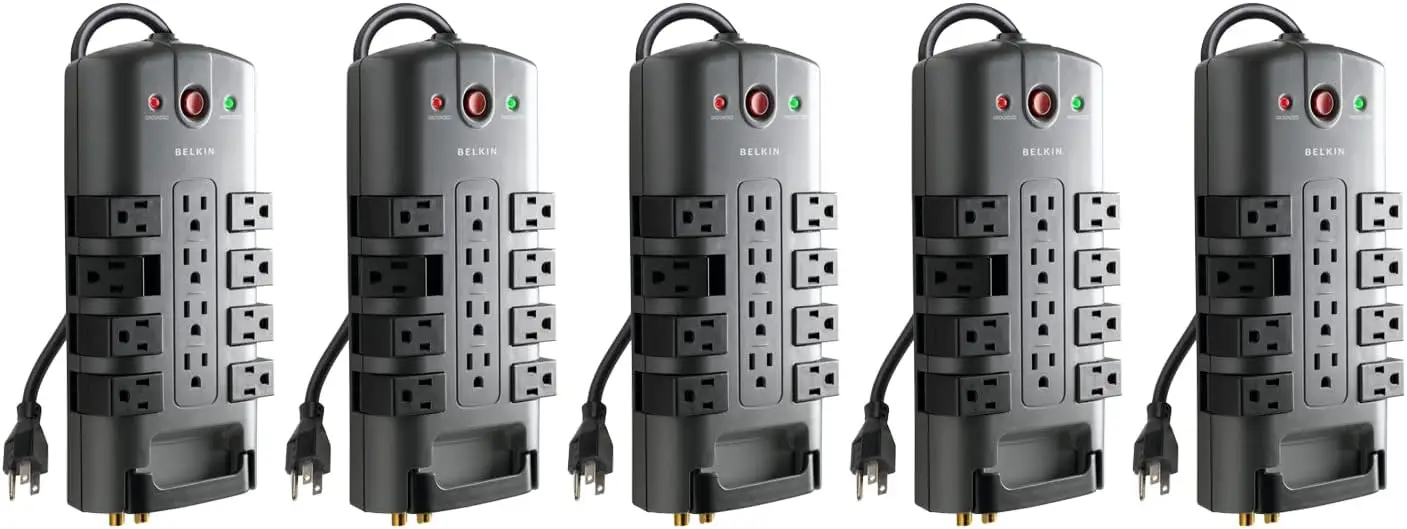 Belkin Surge Protector W/ 8 Rotating & 4 Standard Outlets (Pack of 5) - 8ft Sturdy Extension Cord W/ Flat Pivot Plug for Home