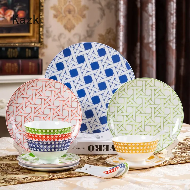 

Nordic Grid Textured Ceramic Dishes and Plates Sets Modern Hotel Tableware Steak Dining Plates Dessert Bowl Salad Dishes Plate