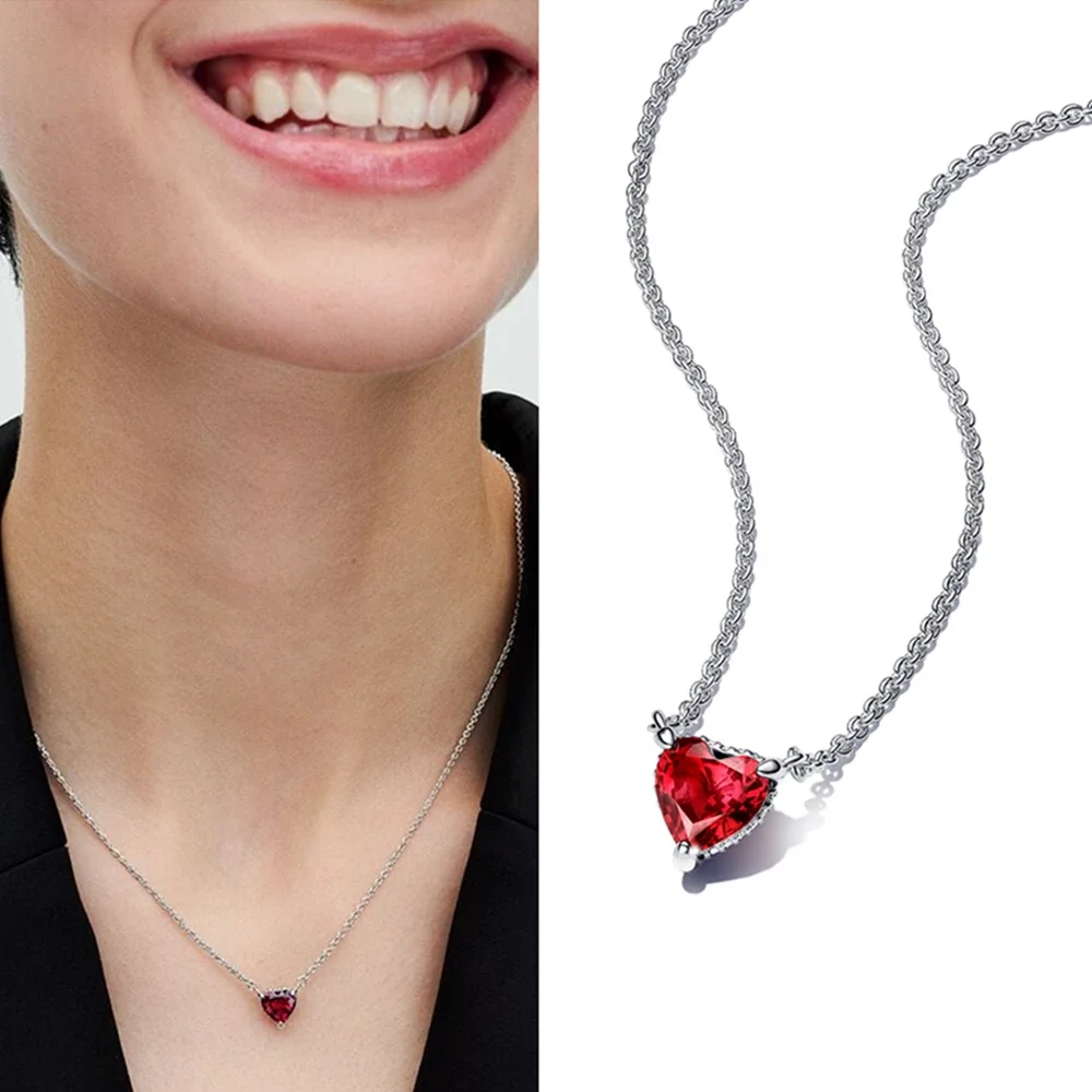 Sparkling Red Heart Ring Necklace Heart Stud Earrings For Women Valentine\'s Day Wedding Jewelry Rings Gifts