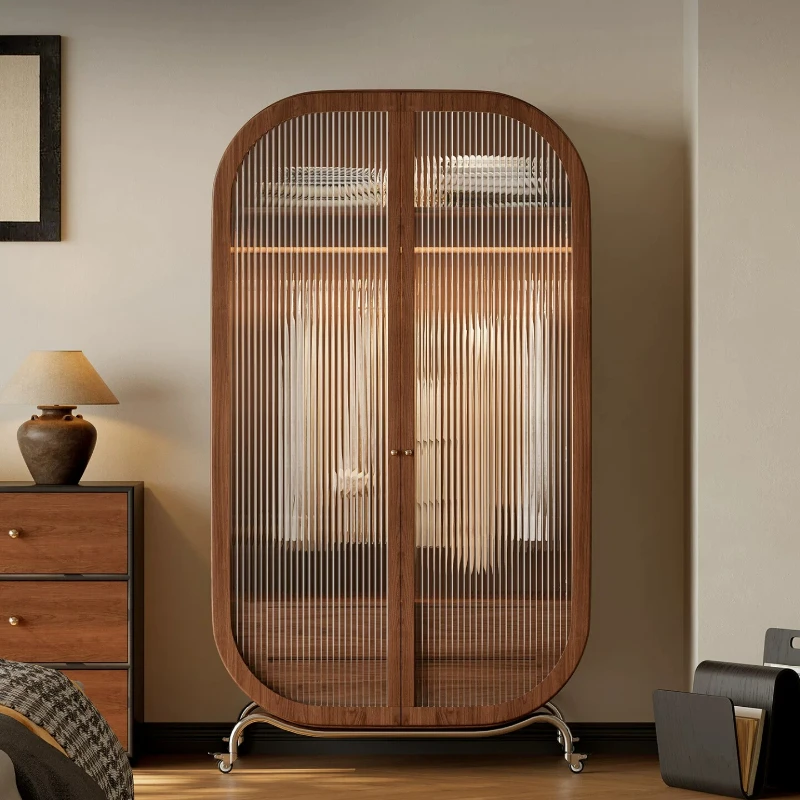 Solid wood wardrobe single new walnut leather wardrobe bedroom home storage cabinet