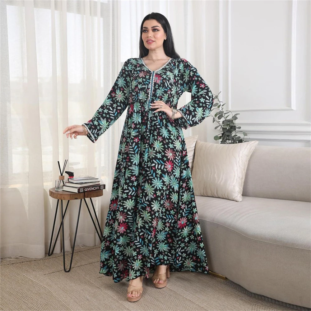 

Morocco Kaftan Women Muslim Floral Print Maxi Dress Eid Ramadan Jalabiya Dubai Turkey Caftan Arabic Robe Femme Musulman Vestidos