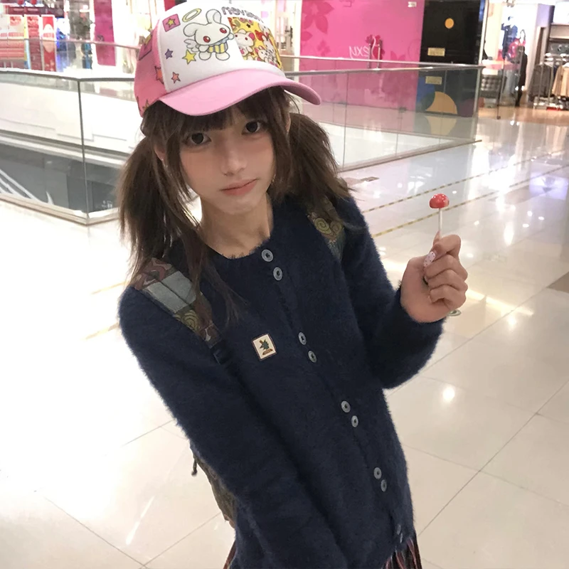 Karrram اليابانية Y2k فروي سترة 2000s نمط محبوك معطف الفرو خمر Harajuku الأزرق الداكن سميكة تريكو الكورية موضة 90s