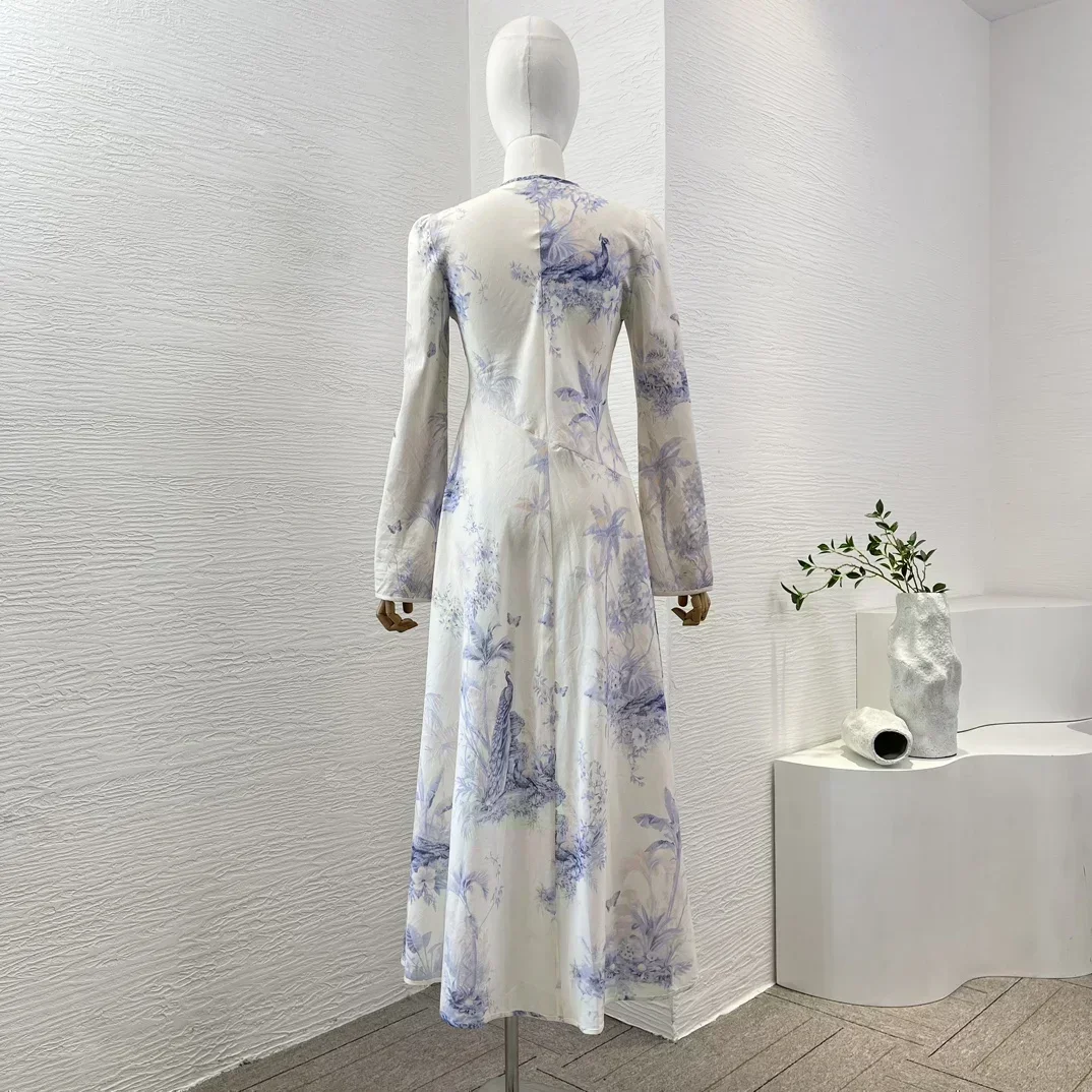 High Quality Cotton 2024 Summer White Elegant Women Collection Blue Floral Printing Flare Sleeve A-line Midi Holiday Dresses