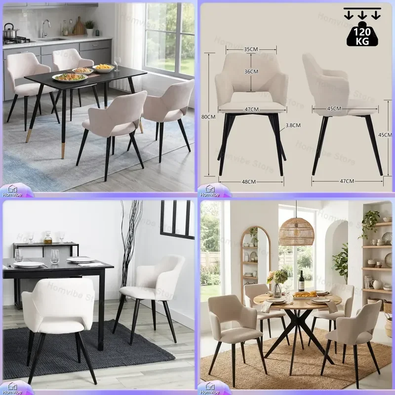 4 Pack Scandinavian Dining Chairs Fabric Upholstered Soft Seat Metal Legs for Kitchen Living Room Beige 47x48x80 cm Modern