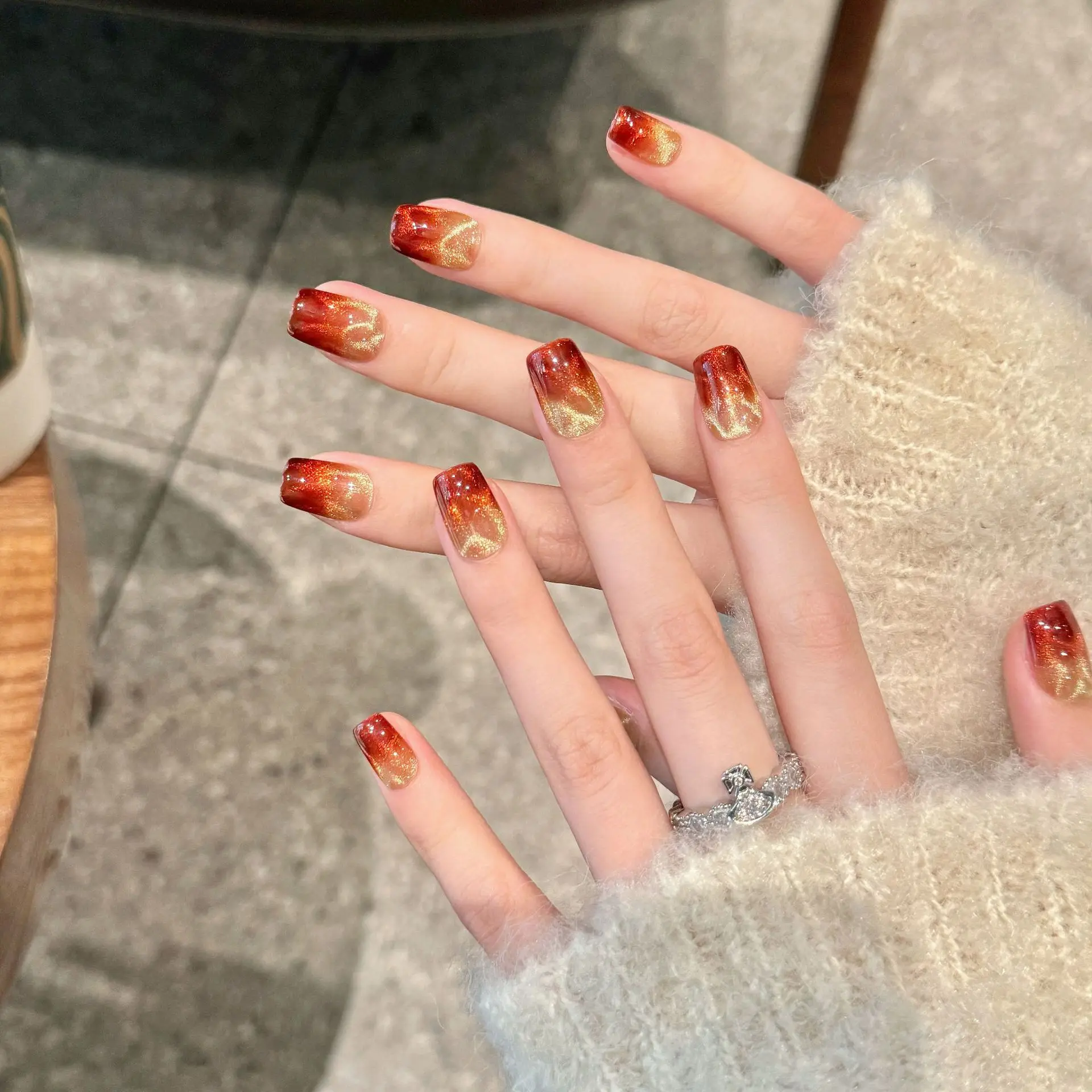 

YH001-22 Короткий пресс для ногтей ручной работы T, 10 шт., винно-красный цвет с рябью воды, цвет кошачий глаз, дизайн ногтей