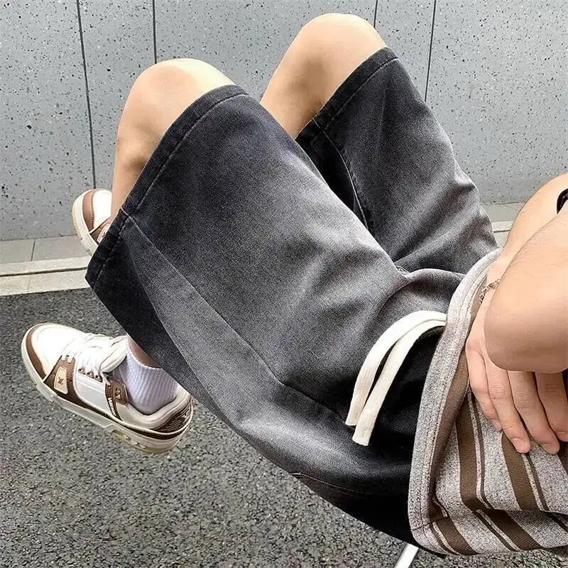 Men's Denim Shorts Black Gray Gradient Loose Straight Leg Knee Length Jeans Elastic Waist Tie Belt Trousers KVUL