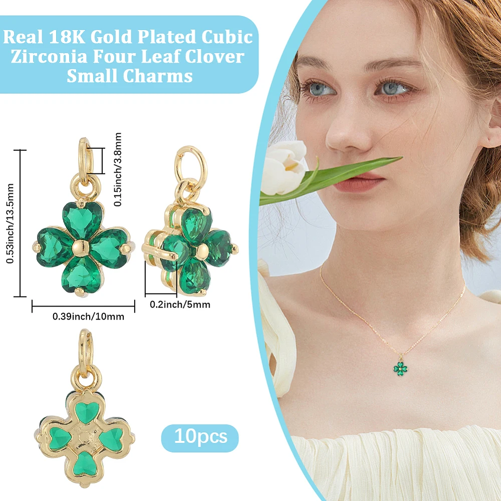 1Box 10Pcs Shamrock Charms Cubic Zirconia 18K Gold Plated Four Leaf Clover Charms Dangle for Jewelry Making St. Patrick Bracelet