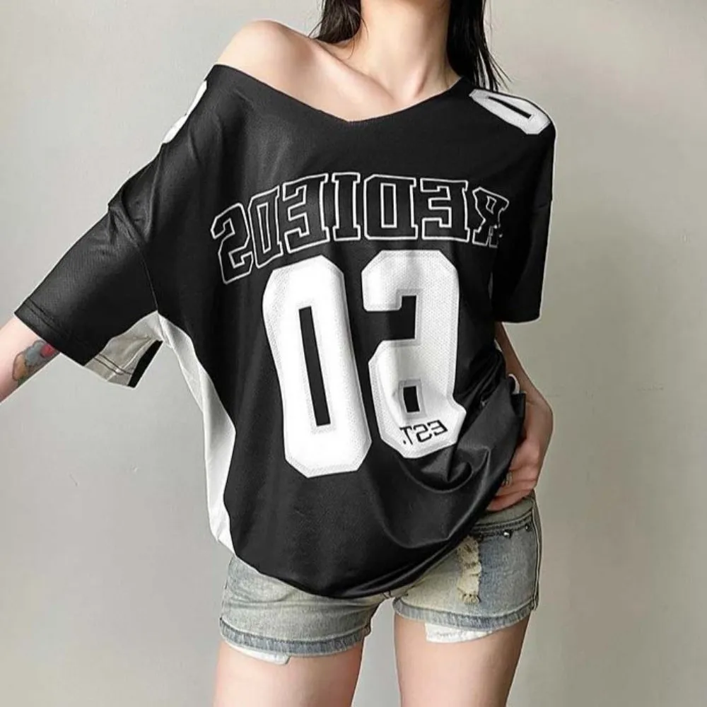 

Asymmetry Sporty Casual T-shirt Numbers English Letter Short Sleeves Top Versatile Casual Harajuku Short Sleeved Club