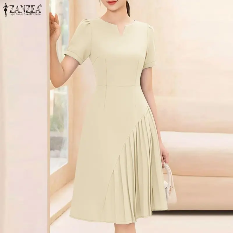 ZANZEA Elegant Women V Neck Short Sleeve Sundress 2026 Summer Dress Casual Solid Work Knee Length Robe Stylish Pleated Dresses