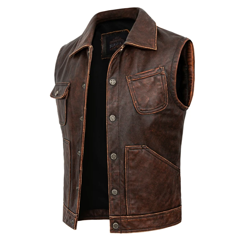 Vintage worn leather coat 100% Genuine leather jacket men's slim short leather vest heavy motorcycle lapel jacket