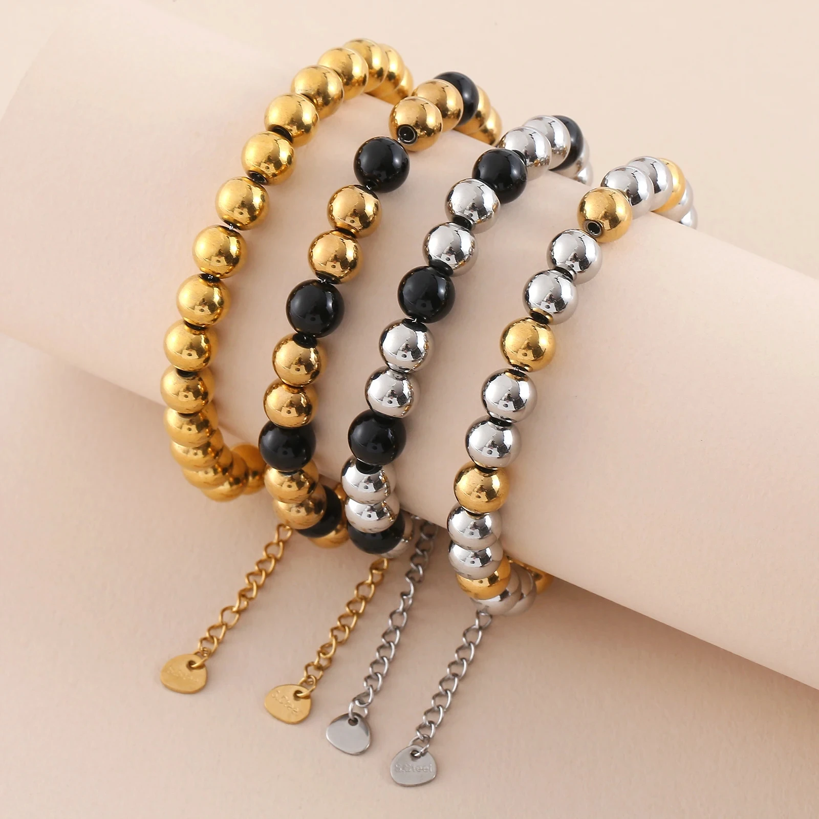 MHS.SUN Waterproof Smooth Beads Bracelet Adjustable Gold Silver Color Stainless Steel Round Balls Bracelets Unisex Party Jewelry