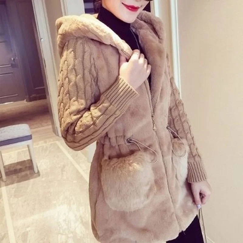 

Fashion Faux Fur Coats Women Winter Hooded Zipper Chic Outwear Female Patchwork Thick Warm Fur Luxury Knitted Jacket Lady XQ43