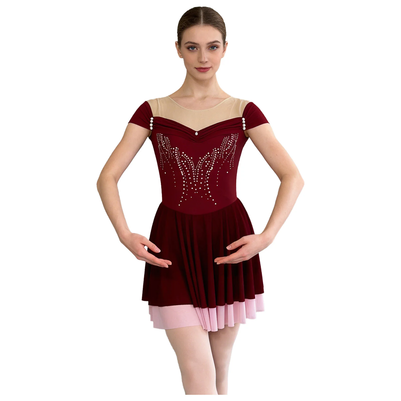 

Womens Ballet Dance Dress Figure Ice Skating Rhythmic Gymnastics Costume Shiny Rhinestones Cap Sleeve Sheer Mesh Tutu Leotard