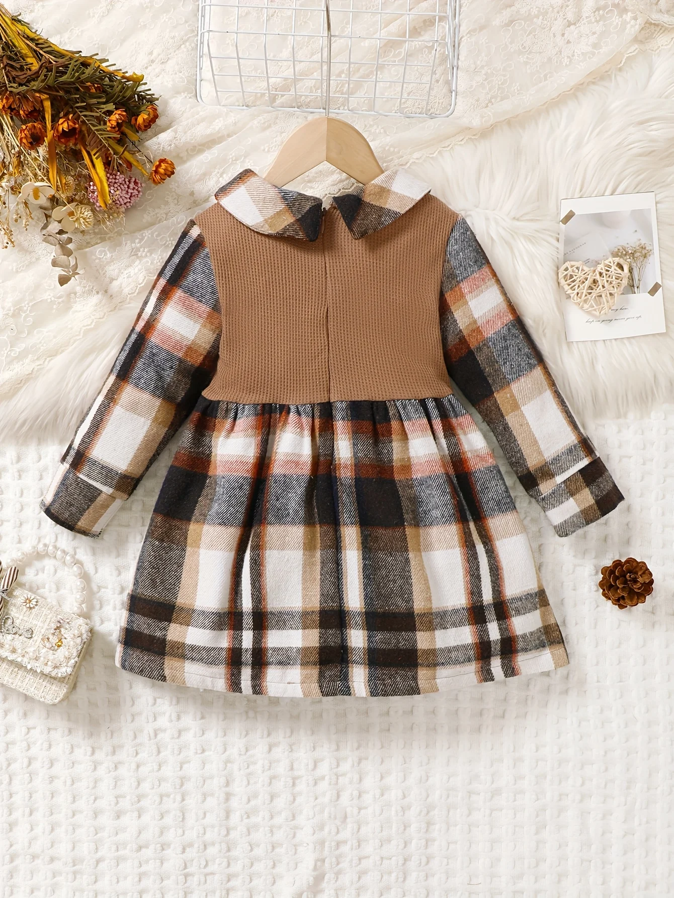 Autumn and Winter Retro Plaid Lapel Dress, Children's Brown Patchwork Long-Sleeve Princess Dress, Black, Gray, White, Orange, and Yellow Plaid High-Waisted A-Line Dress, Versatile Children's Clothing for Outings