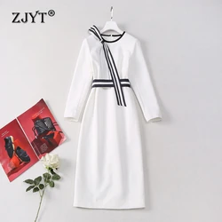 ZJYT Elegant Autumn Long Sleeve Dresses for Women 2024 Bow Striped Slim Straight Dress White Party Cocktail Vestidos Para Mujer