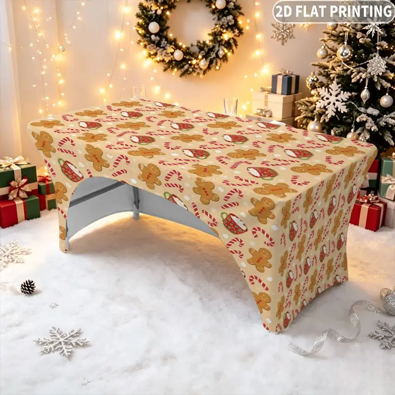 1pc Rectangular Full-Coverage Notched Gingerbread Candy Cane Stretch Tablecloth, Tablecovers with Arched Back, Ideal as Decor