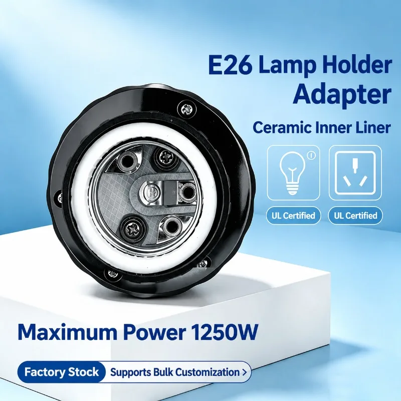 E26 E27 to US 3-Prong Grounded Outlet Adapter with Ground Wire, Light Socket Converter for Outdoor Light Camera Monitor Power