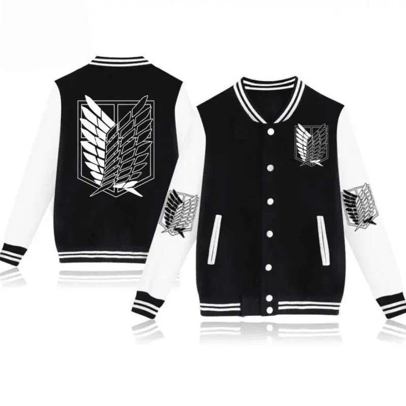

Attack on Titan Baseball Jacket with Colossal Titan Back Print Scouting Legion Logo and Japanese Text Sleeve Patterns