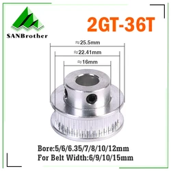 36T GT2 Timing Pulley 36 teeth with 5/6/6.35/8/10/12mm Bore with Bearings for 3D Printer Parts Timing Belt 6/9/10/15mm