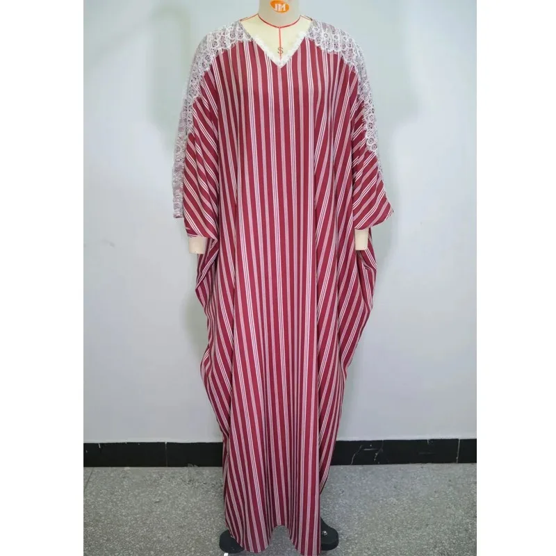 Women Striped Dresses Lace Spliced Dress A Line Ankle Lenth Long Sleeves Slight Strech Loose Fit Causal Office Lady 2026 Spring