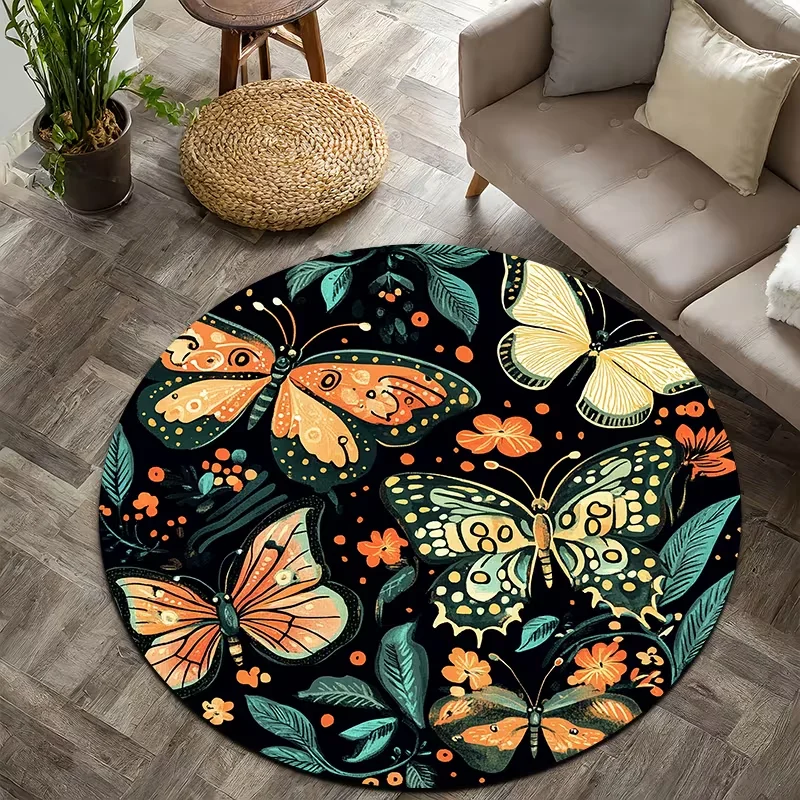 Round Vintage Colorful Butterfly Leaf Area Rug Retro Floral Insect Pattern Decor Carpet For Living Room Bedroom Entryway