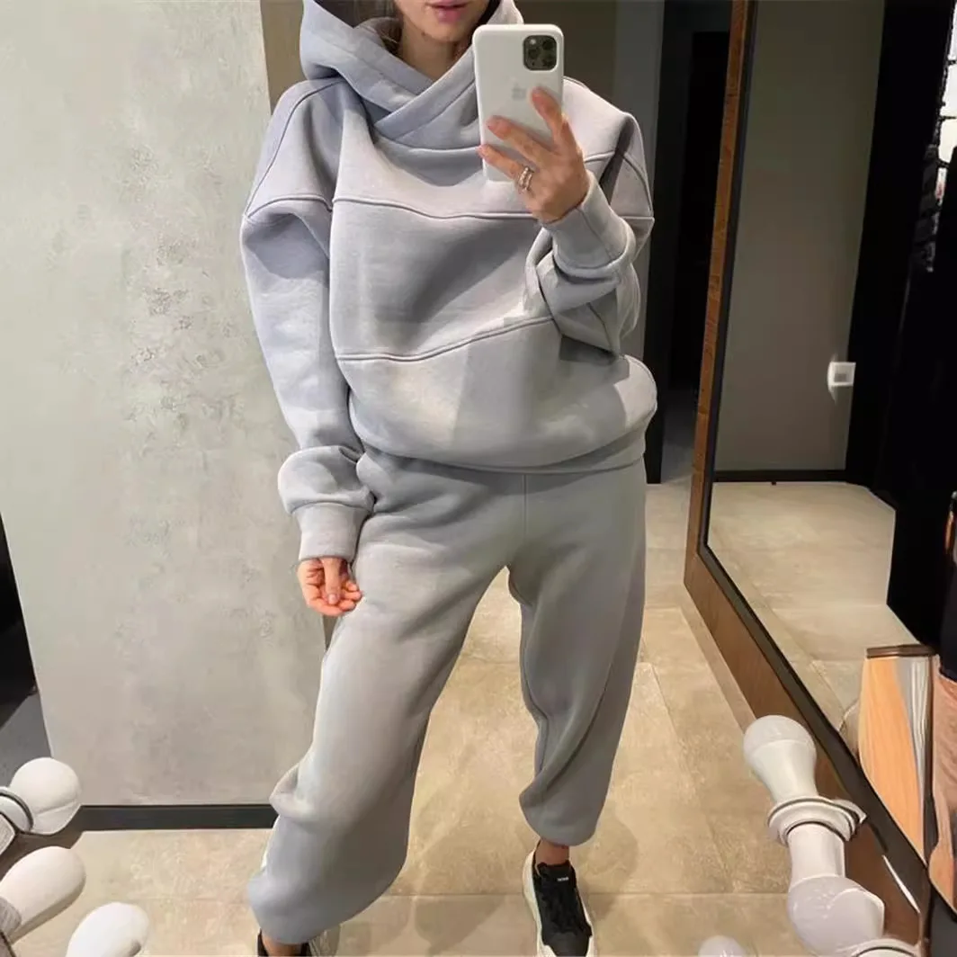 Women Sports Two Piece Sets Hoodie Trousers Hooded Pants Sweatshirt Suit Autumn Winter Fleece Tracksuit Loose Streetwear Outfit