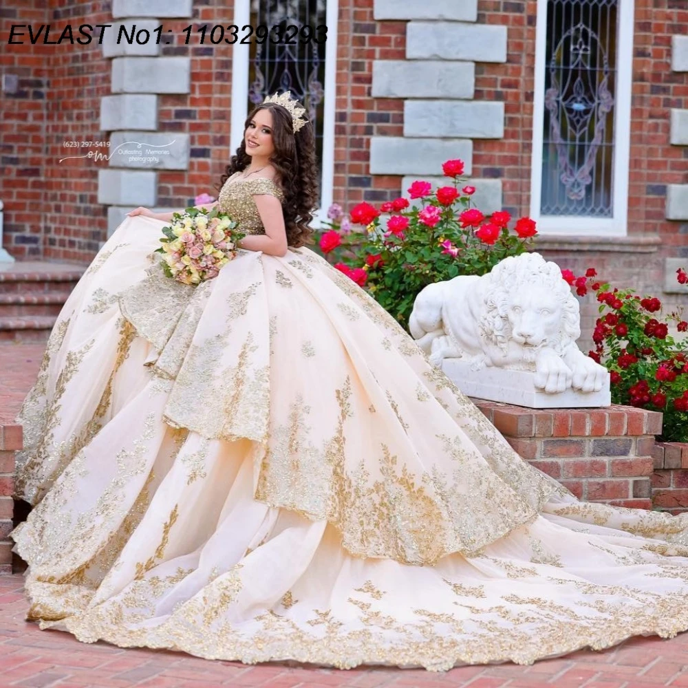 EVLAST Personalizado Brilhante Champanhe Quinceanera Vestido de Baile Ouro Lace Applique Beading Doce 16 Vestidos De 15 Anos E1QN596