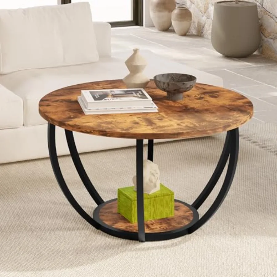 

28" Round Coffee Table with Storage2-Tier Wood Accent Center Table for Living Room Sofa Table for Home Office Brown