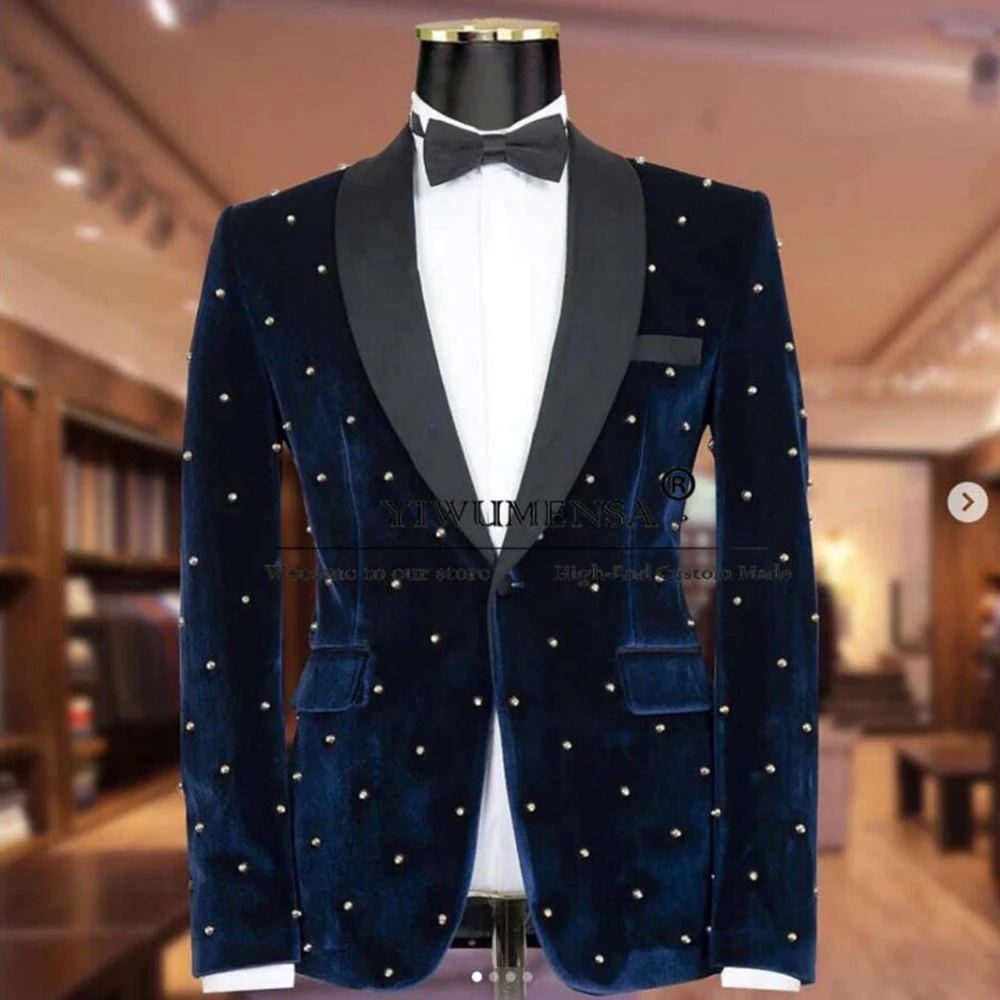 Navy Velvet Groom Wear Tuxedo Black Peaked Lapel Pearls Prom Blazer Bespoke Male Fashion Wedding Formal Party Suits Men Skiiny