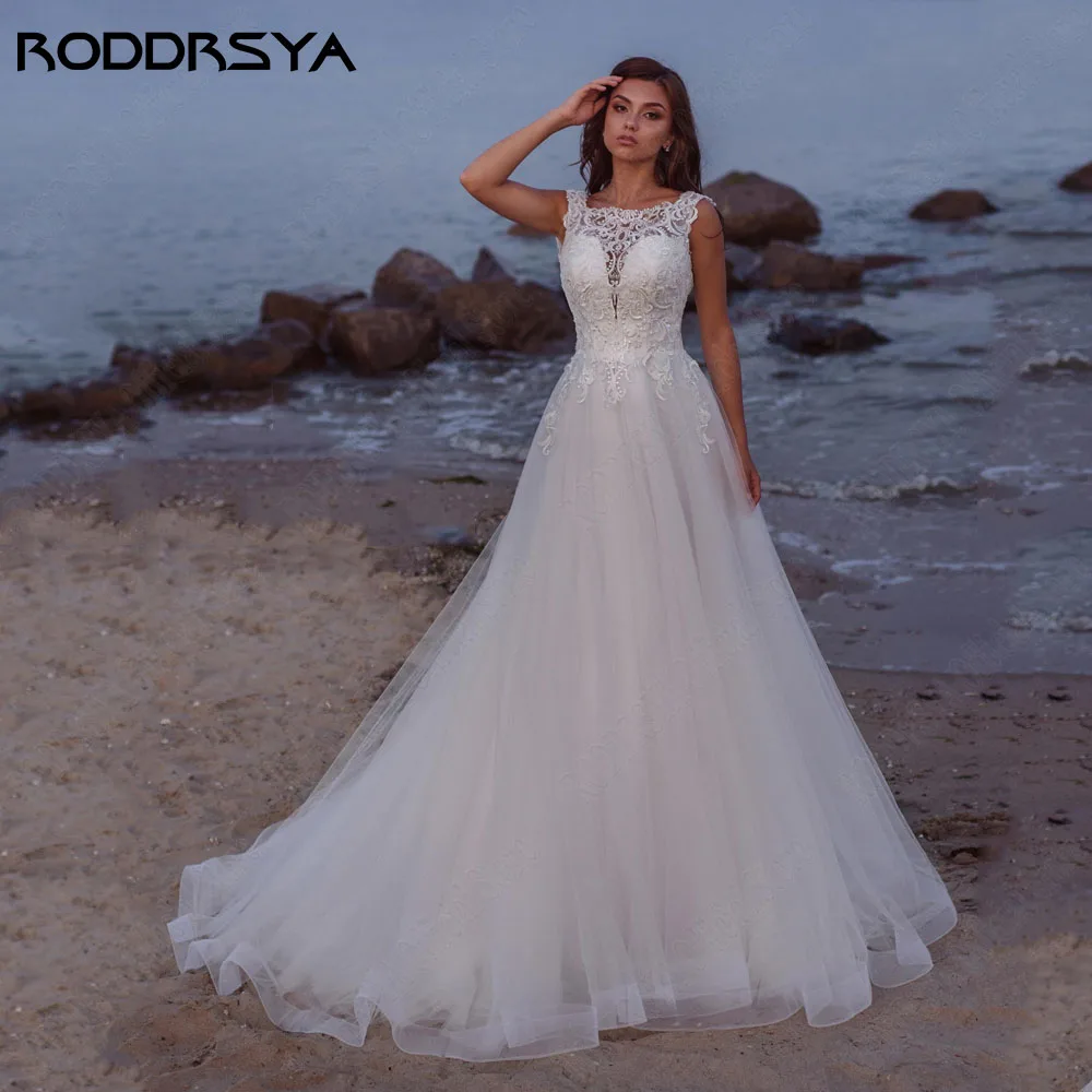 RODDRSYA gaun pernikahan renda pantai 2024 tanpa lengan Applique sendok gaun pesta pengantin gaun A-Line Tulle Backless vestidos de novia