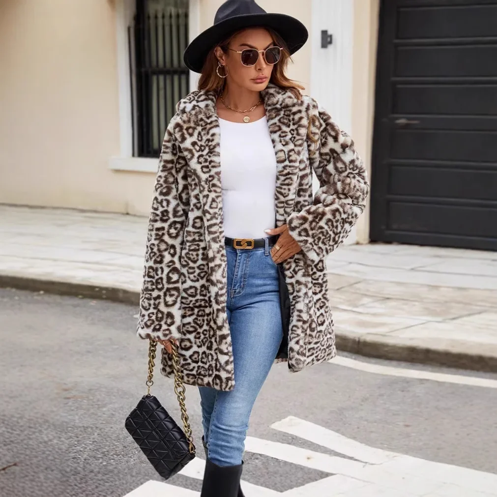 

For Female Windproof Winter Women's Faux Fur Coat Leopard Print Leather Lady's Artificial Fur Outwear Mid Length Eco Fur Jacket