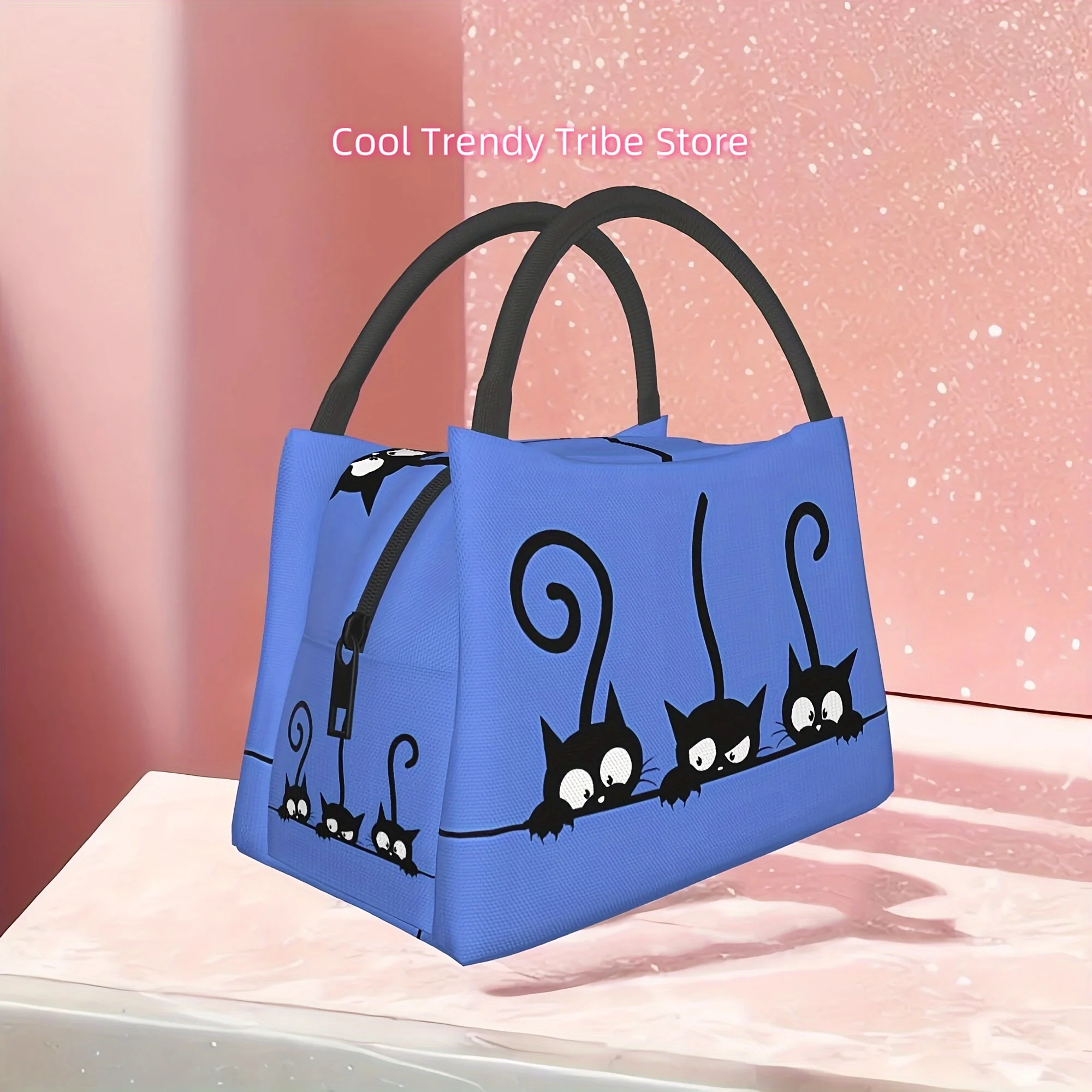 Black Cat Design Insulated Lunch Bag - Polyester Rectangle Tote with Animal Theme, Hand Washable, Manual Cooling, Portable Reusa
