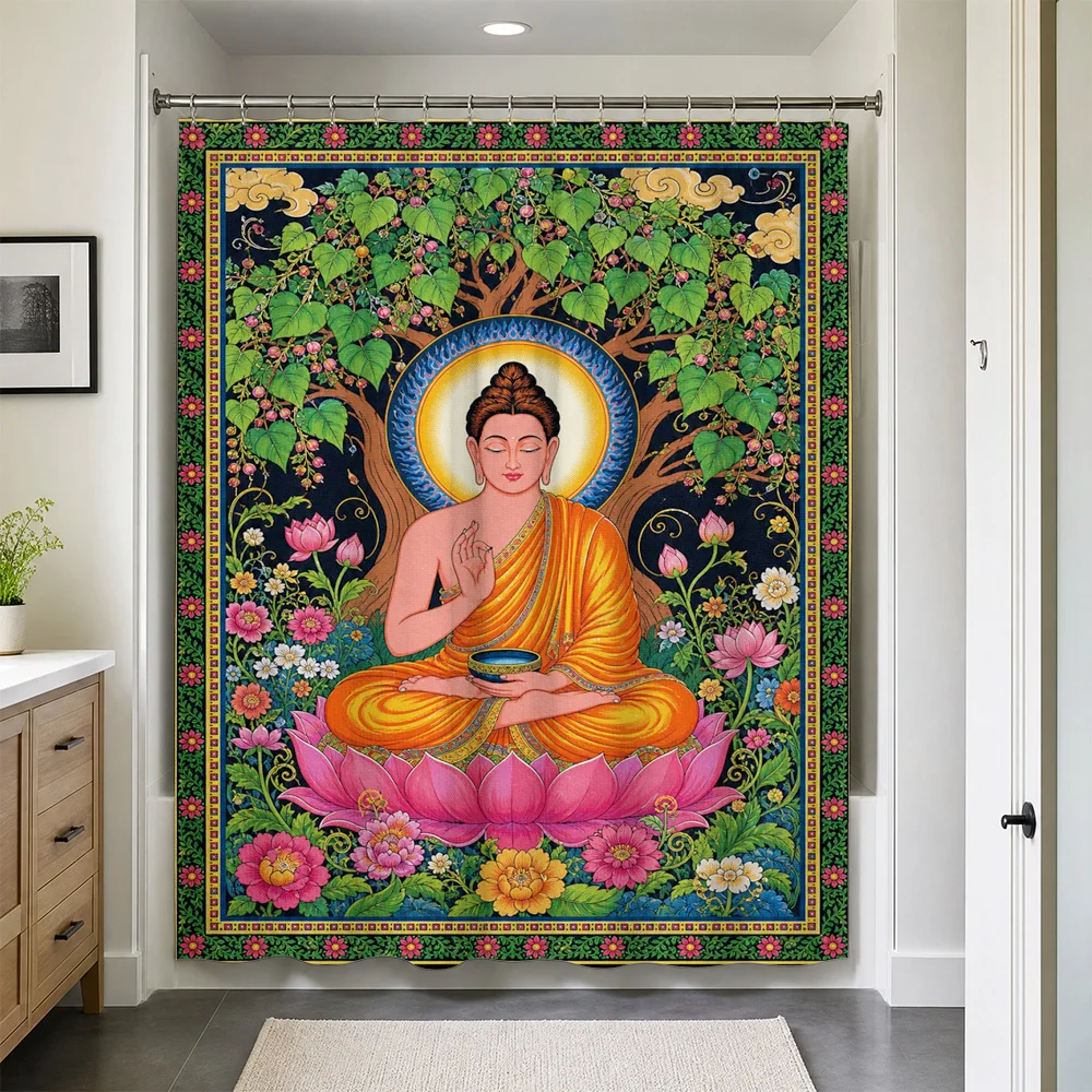 Waterproof Buddha Lotus Meditation Shower Curtain Spiritual Zen Asian Decor Bathroom Liner Yoga Temple Curtain