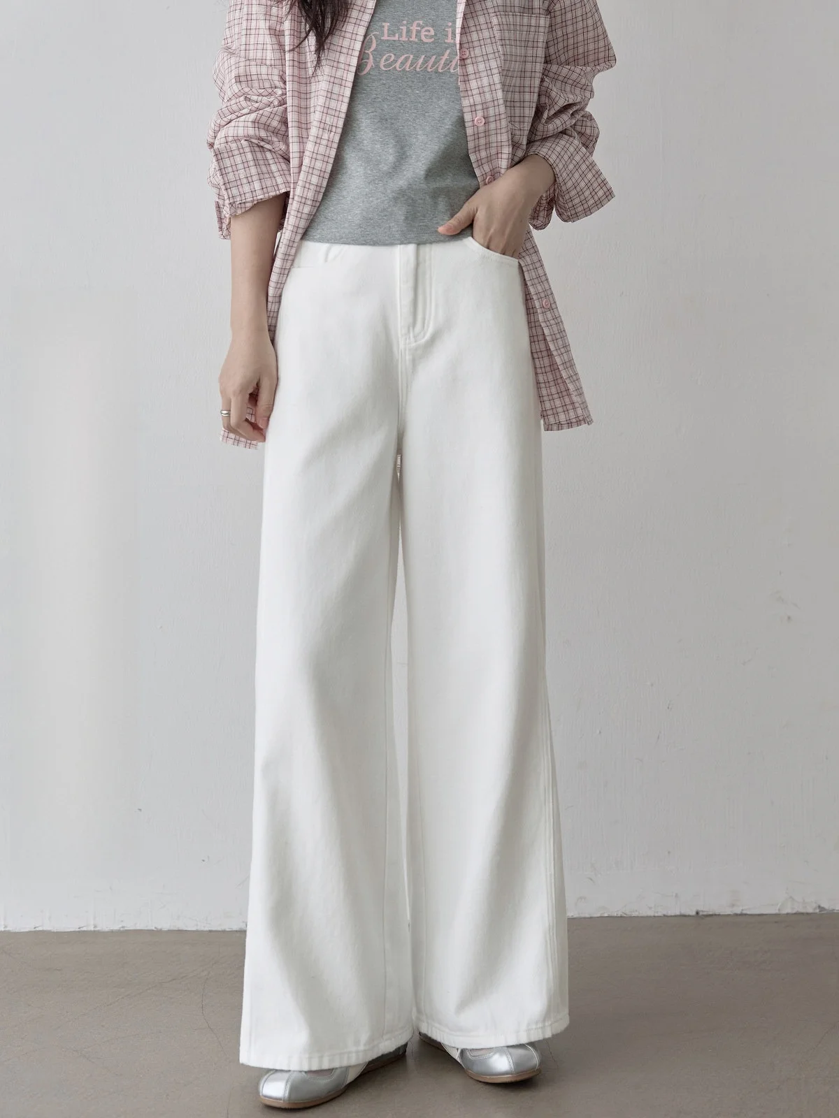 

High Waist Wide Leg Women's Jeans White Waed HUIXI Dstring Casual Trousers Spring 2026 Simple Match Slimming Effect