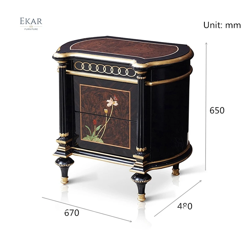 Luxury Antique Nobility Bedroom Furniture High Gloss Veneer Nightstand Gold Foil Decoration Flower Pattern Bedside Table