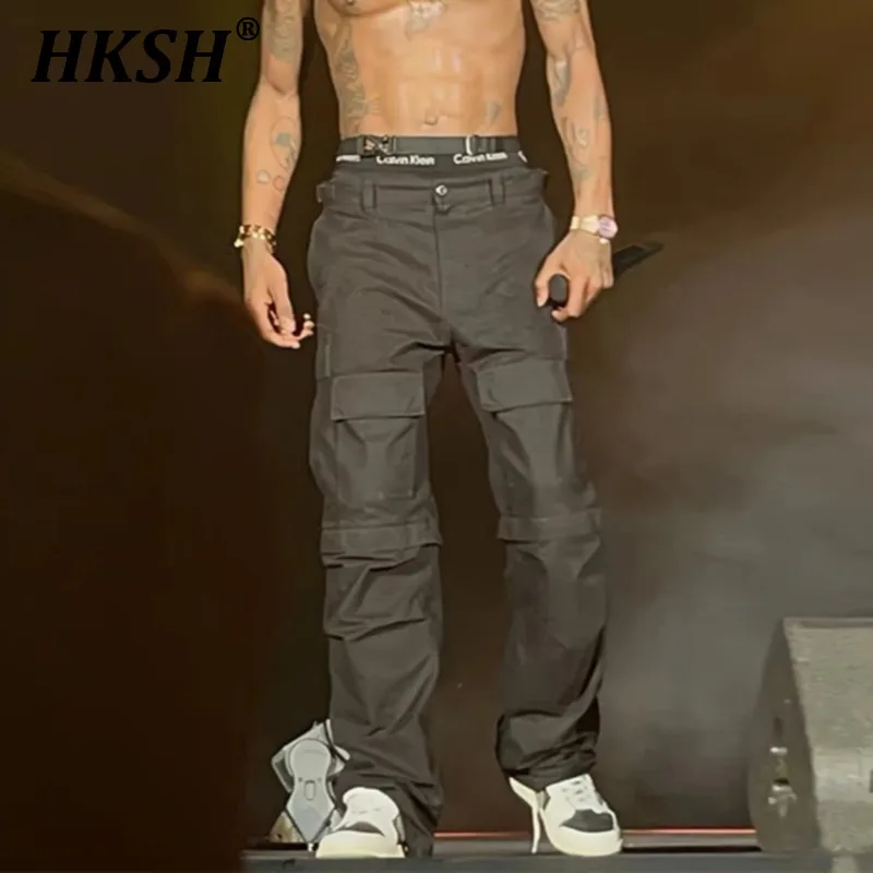 

HKSH Men's Tide Punk Dark Safari Style Niche High Street Detachable Pocket Cargo Pants Fashion Chic Straight Overalls New HK0833