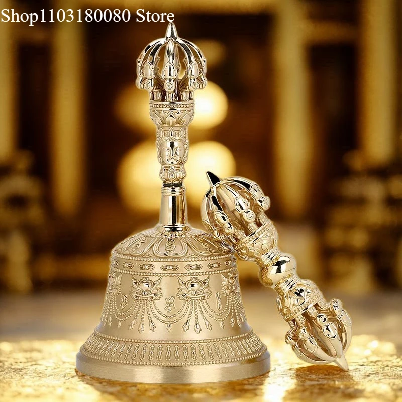Vajra Dorje de Cobre de Nueve Puntas, Campana Ghanta de Latón de Nueve Puntas, 17 cm, 14.5 cm, 11 cm