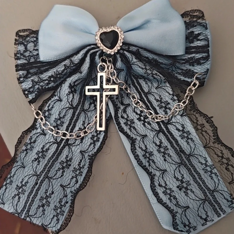 Gotische Haarspange mit Schleife, Spitze, Kreuzkette, Stoff-Haarklammer, Dekoration, Romantisches Vintage-Haaraccessoire für Frauen und Mädchen, Cosplay – Detail 12